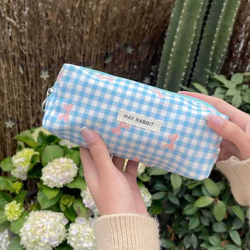 Begge Checkered Bow Makeup Bag - Large Capacity & Cute (Stylish Cosmetic Pouch For Girls)_voghion.com