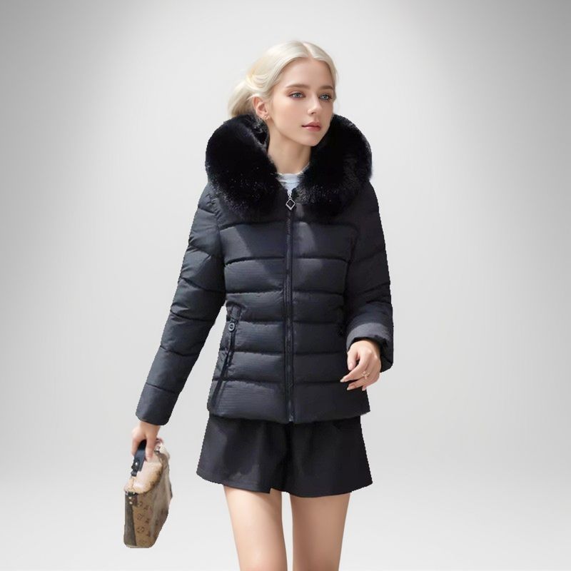 Giacca invernale da donna con grande collo in pelliccia, nuovo stile corto 2024, vestibilità slim fit, in cotone spesso_voghion.com