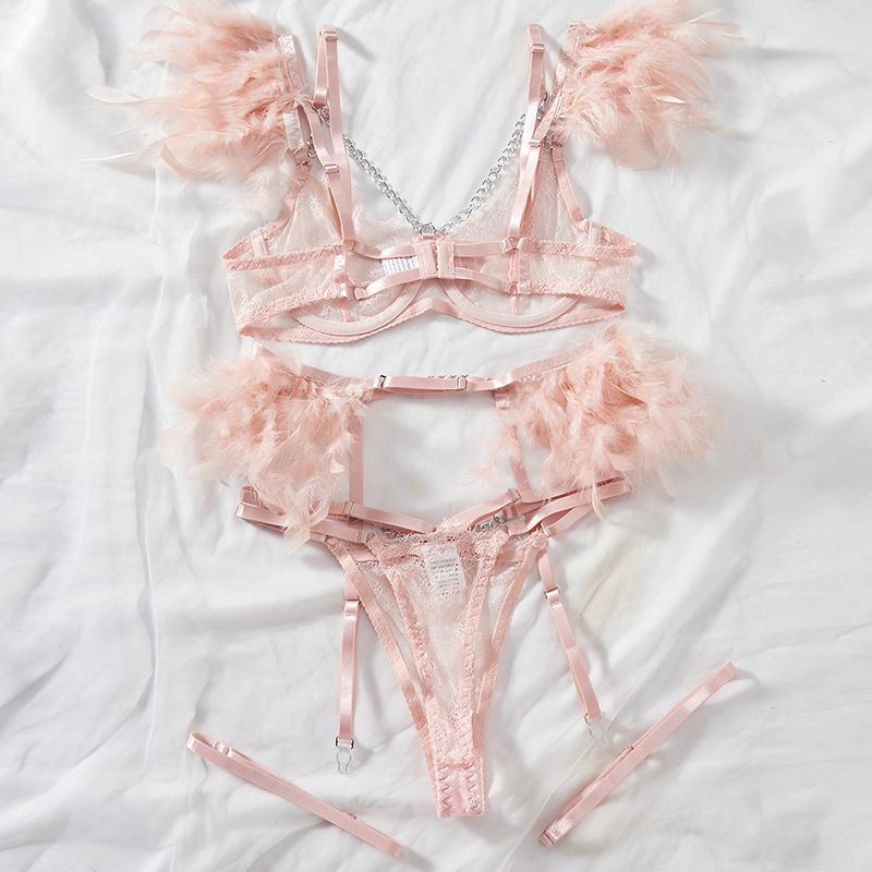 Feather Lace Metal Chain Sexy Underwear Bow Perspective Bra Sex Underwear Set_voghion.com