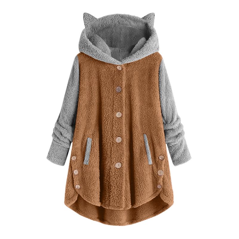Women's Clothing Autumn And Winter Button Hooded Cat Ear Plush Top Irregular Trendy Brand Color Matching Jacket For Women_voghion.com