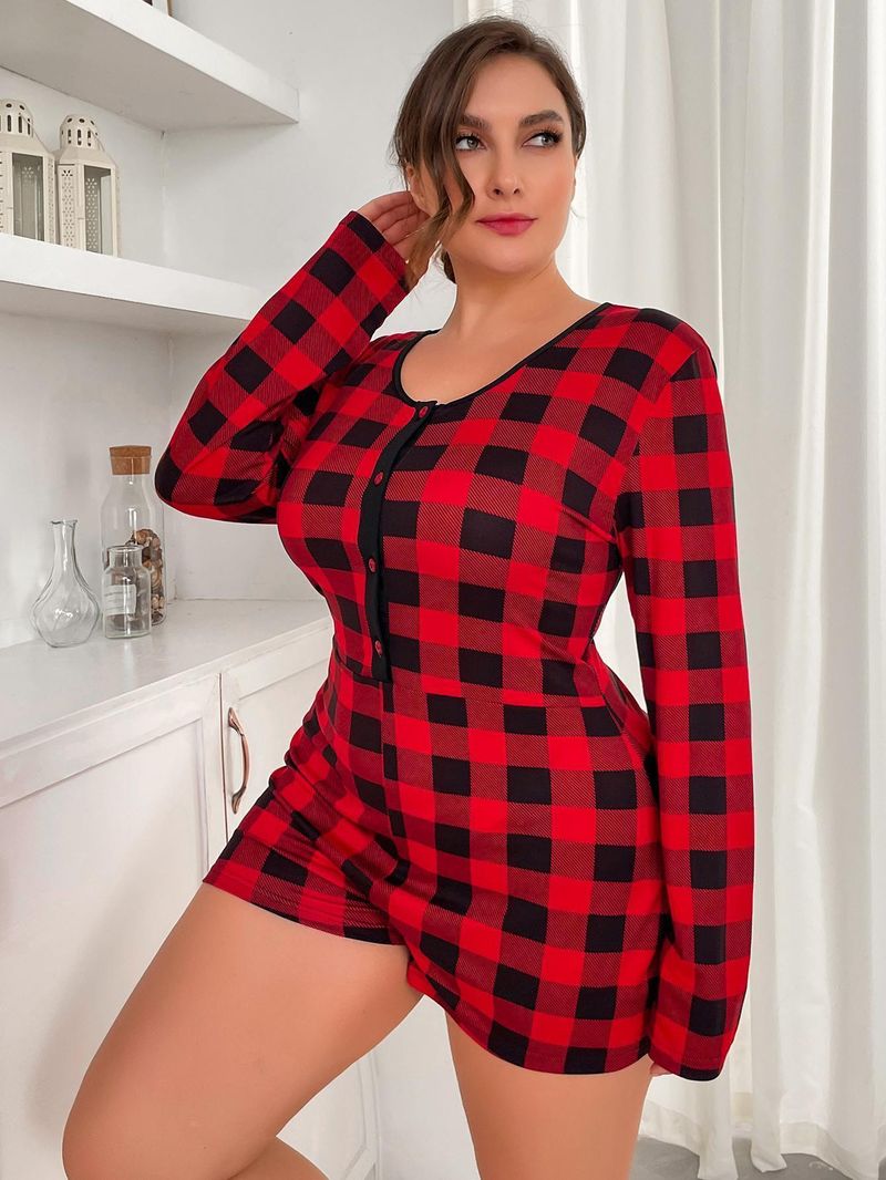 Pijama de una pieza de manga larga a cuadros rojos para mujer, talla grande, 100 kg_voghion.com