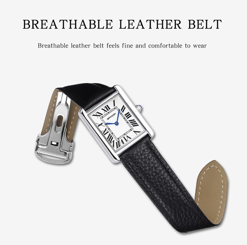 Women's Classic Rectangle Tank Watch With Butterfly Clasp, Genuine Leather Strap, Water Resistant Quartz Movement, Minimalist Design For Casual_voghion.com