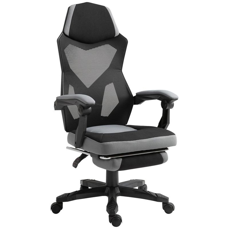 Vinsetto Ergonomic Mesh Office Chair, High Back, Grey, Adjustable Recliner With Footrest And Wheels_voghion.com
