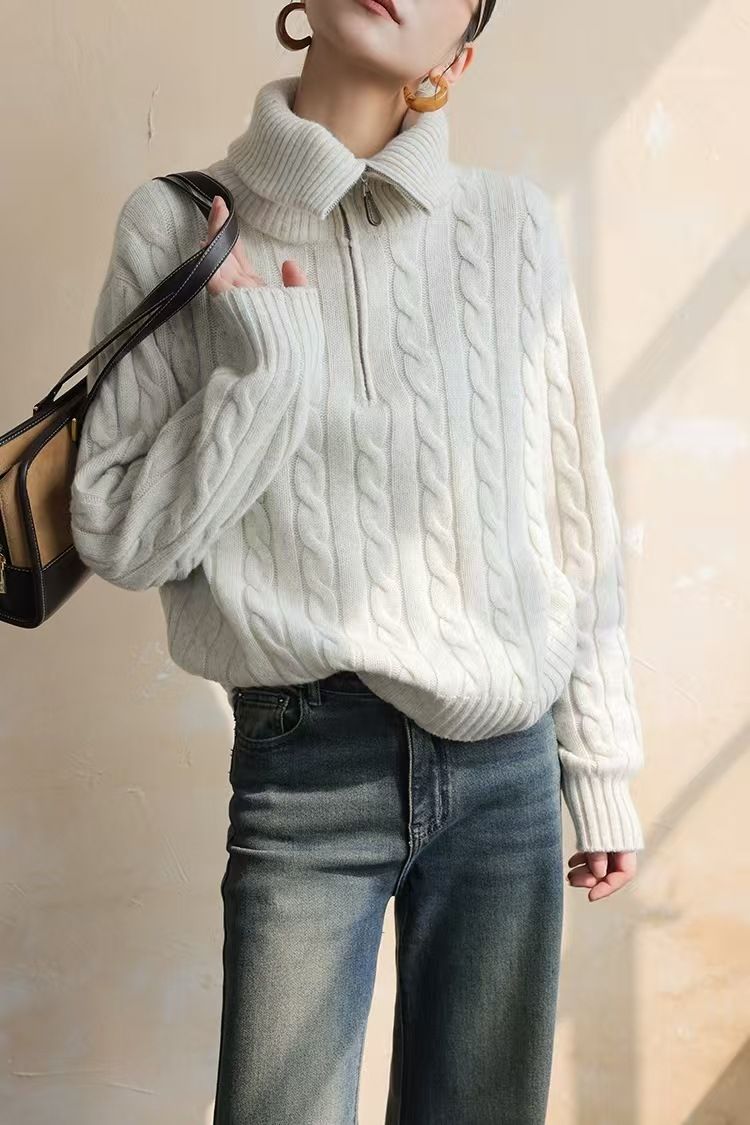 Half-Zip Stand Collar For Women, Autumn/Winter 2025 New Loose Lazy Style, Niche High-End Knitted Top, Wool Sweater_voghion.com