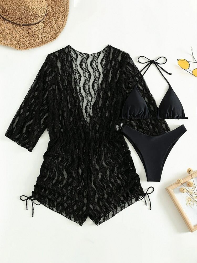 Costume da bagno intero da donna in rete con vita alta, stampa con coulisse, bikini in tre pezzi_voghion.com