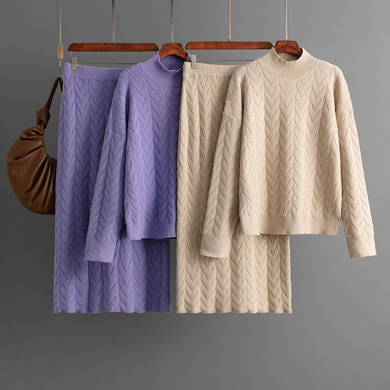 Women's Jacquard Knit Set – Mock Neck Top & Midi Skirt (One Size, Viscose-Blend, Black/Beige/Khaki/Olive/Lavender, Fall Workwear Collection)_voghion.com