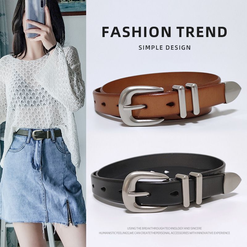 Top Layer Cowhide Leather Versatile Silver Buckle Paired With Jeans Casual Belt For Women's Slimming Effect_voghion.com