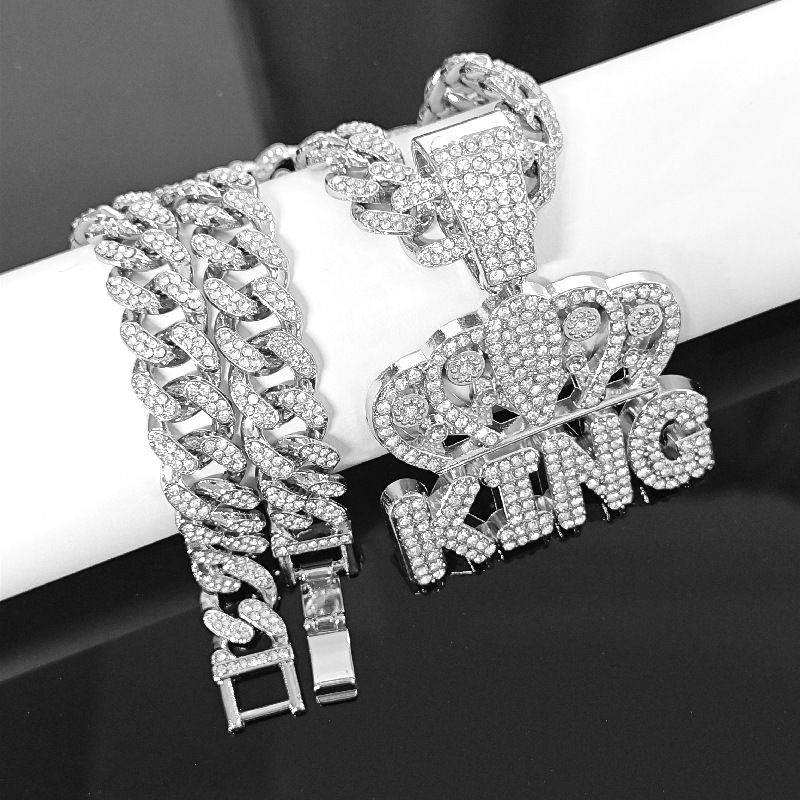 New Men's Full Diamond Chain Hip-Hop Style Personality Crown English KING Pendant Necklace_voghion.com