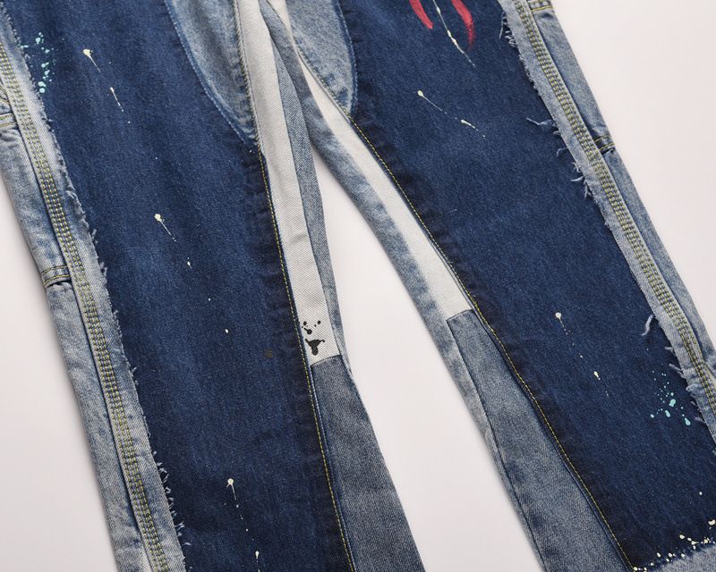 Men's Clothing high street style ink splashed modified patch stitching washed hole flared jeans_voghion.com
