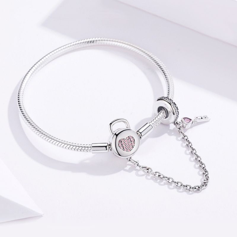 Bracciale base con chiave a cuore, bracciale in argento sterling 925 per donna, compatibile con la maggior parte delle perline con ciondolo_voghion.com
