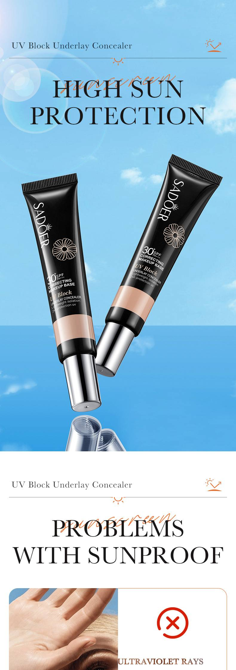 Sonnenschutz, LSF +30, Isolations-Concealer, Make-up-Grundlage, feuchtigkeitsspendend, verbessert den Hautton, leicht, natürliche Schönheit, wasserfest, schweißfest_voghion.com