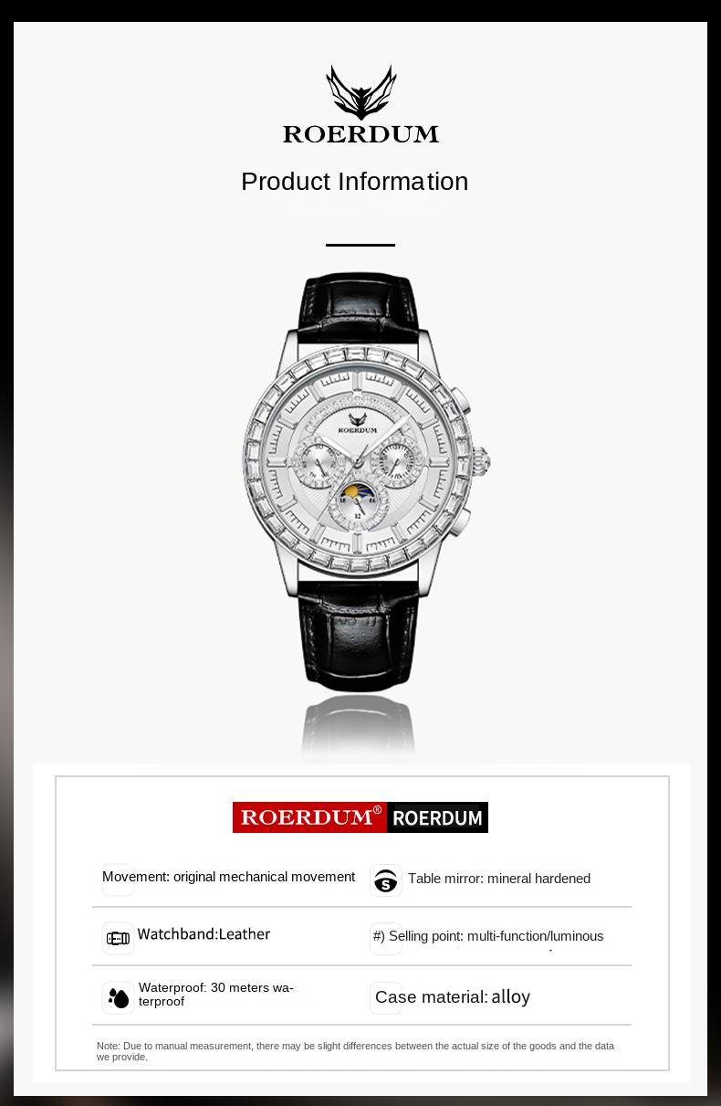ROERDUM Master Cool Play Series- Orologio meccanico da uomo Big Three Eyes Luminoso Impermeabile Quadrante bianco Business Trend Orologio_voghion.com