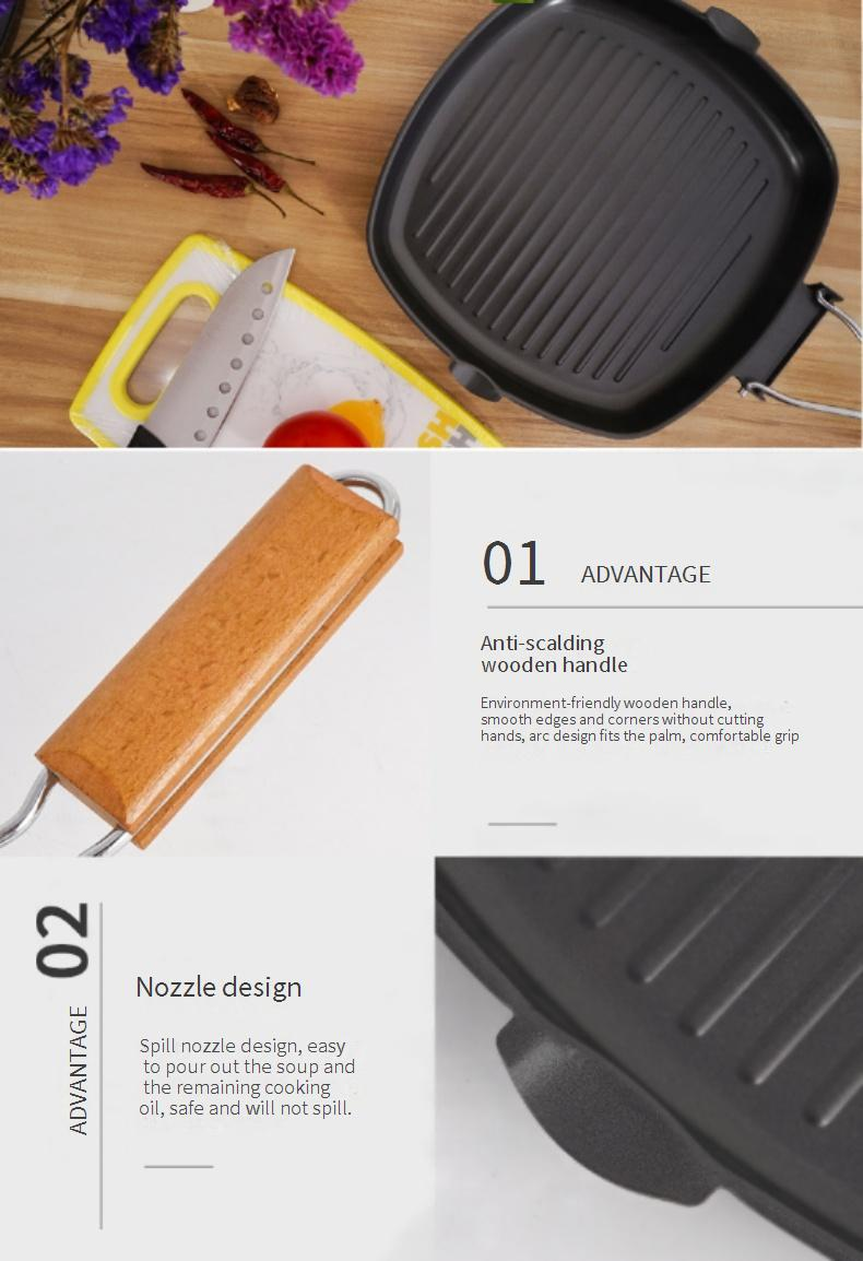 Poêle à griller pliable en fonte - Poêle à barbecue portable d'extérieur avec manche en bois, bec profond et double pour steak et camping_voghion.com