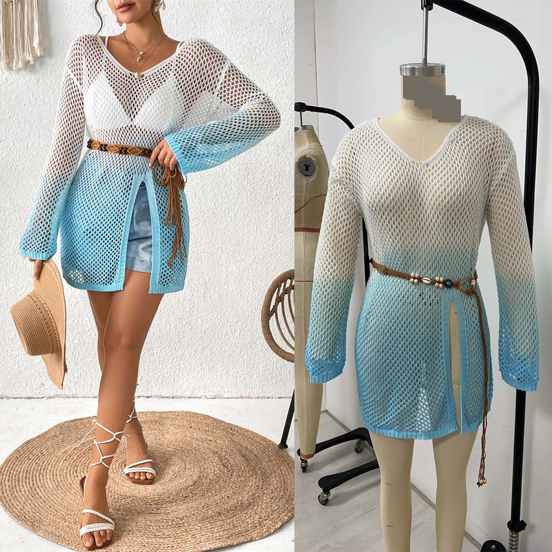 "Eleganter, ausgehöhlter Strandüberwurf mit langen Ärmeln – transparente Bikini-Oberbekleidung mit Farbverlauf für Damen, Überwurf für Sommerbadebekleidung"_voghion.com