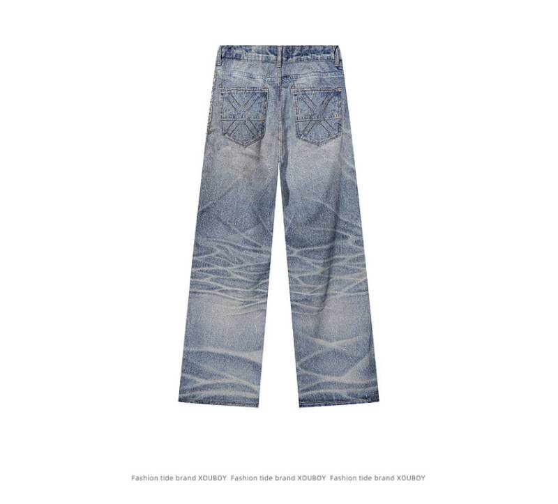 Vintage 3D Baskılı Zincir Kolyeli Kot Pantolon - Erkekler İçin Sokak Stili Retro Düz Paça Pantolon (S-3XL)_voghion.com