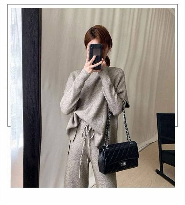 Soft Knit Wide-leg Three-piece Set Semi-turtle Neck Vest Top & Sweater Pants Outfit - Fall Winter Casual Comfort Wear (Khaki, Oatmeal, Beige, Black)_voghion.com
