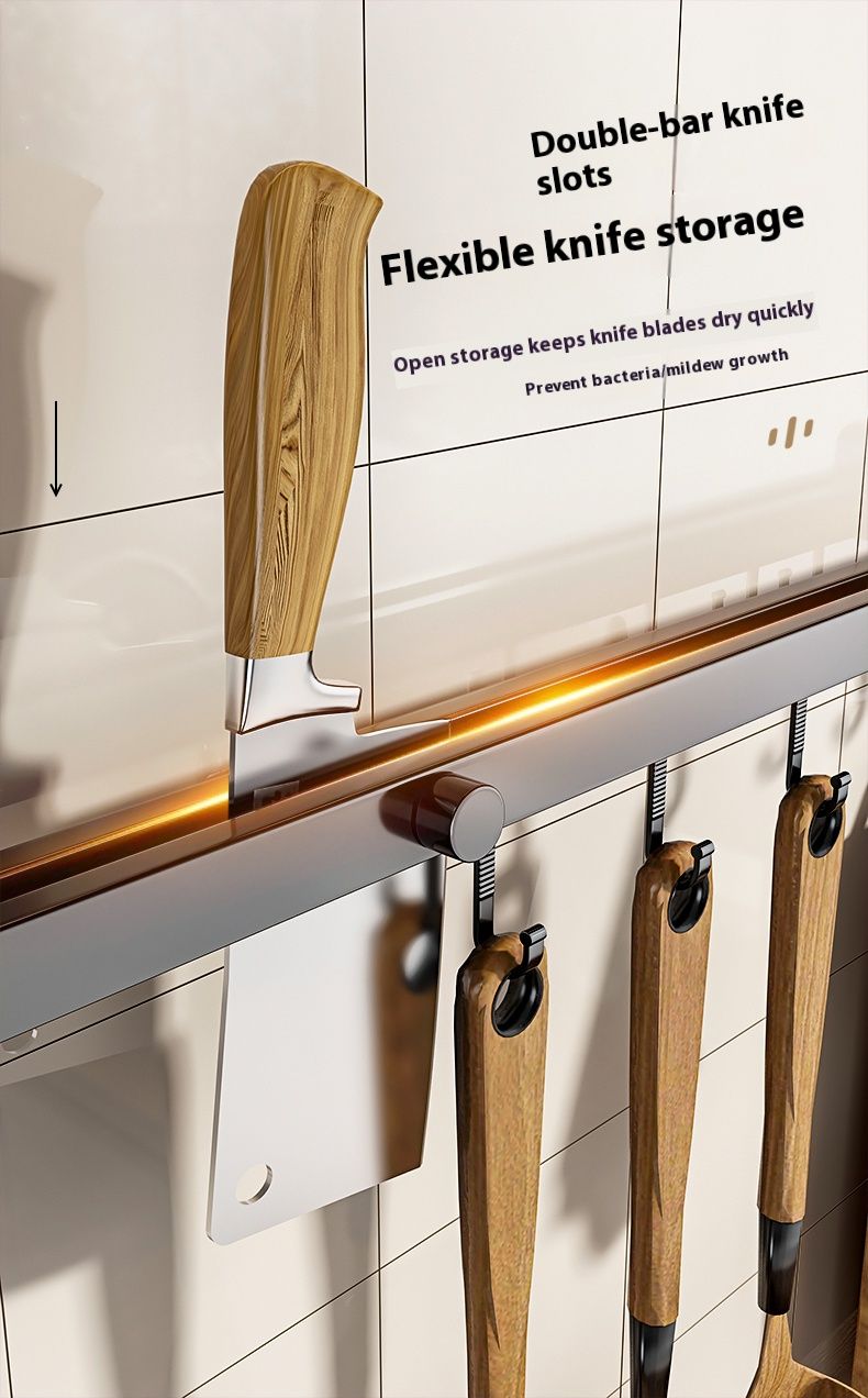 Organizador de utensílios de cozinha de parede sem furadeiras – Suporte de alumínio para pendurar colheres, facas e utensílios de cozinha, 6 a 14 ganchos (acabamento fosco e brilhante)_voghion.com