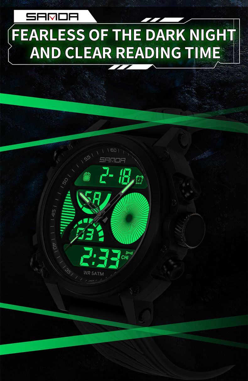 Men's Sports Watch With Dual Display, Luminous Hands, 50m Waterproof, Alarm, Stopwatch, Week & Date Outdoor Activities Dual Display Electronic Watch_voghion.com