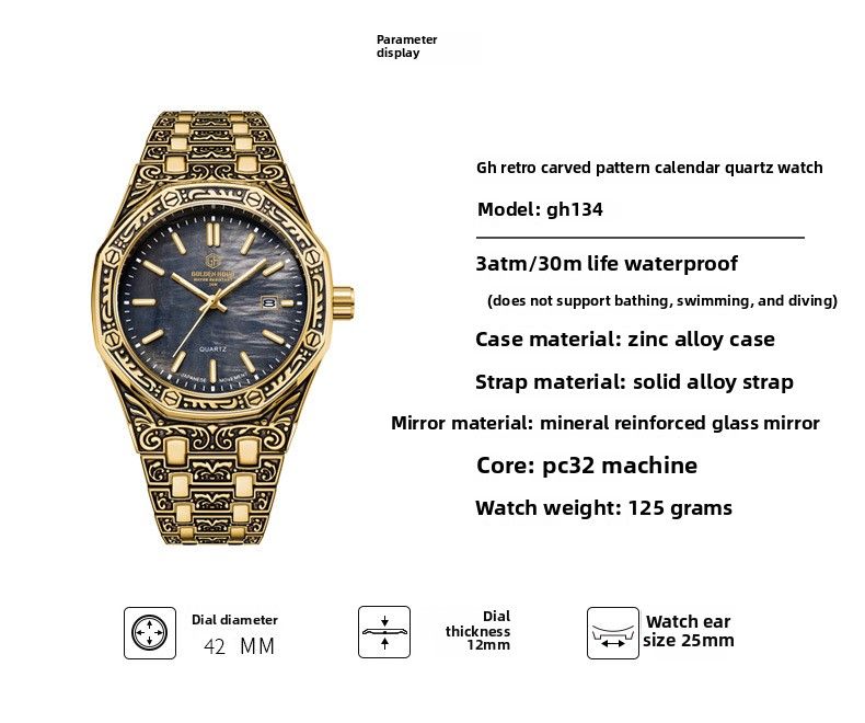 Spiral Crown Round Mechanical Men's Black Casual Watch_voghion.com