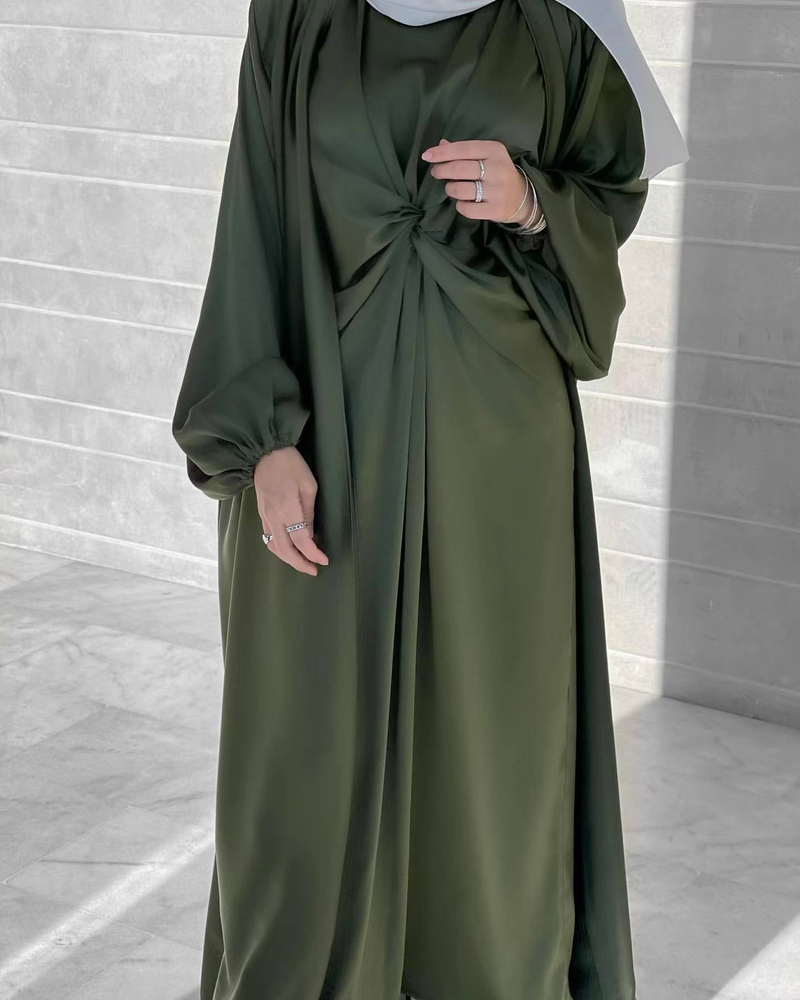 Moda musulmană Turcia Dubai La modă rochie solidă din două piese costum cardigan LR511_voghion.com