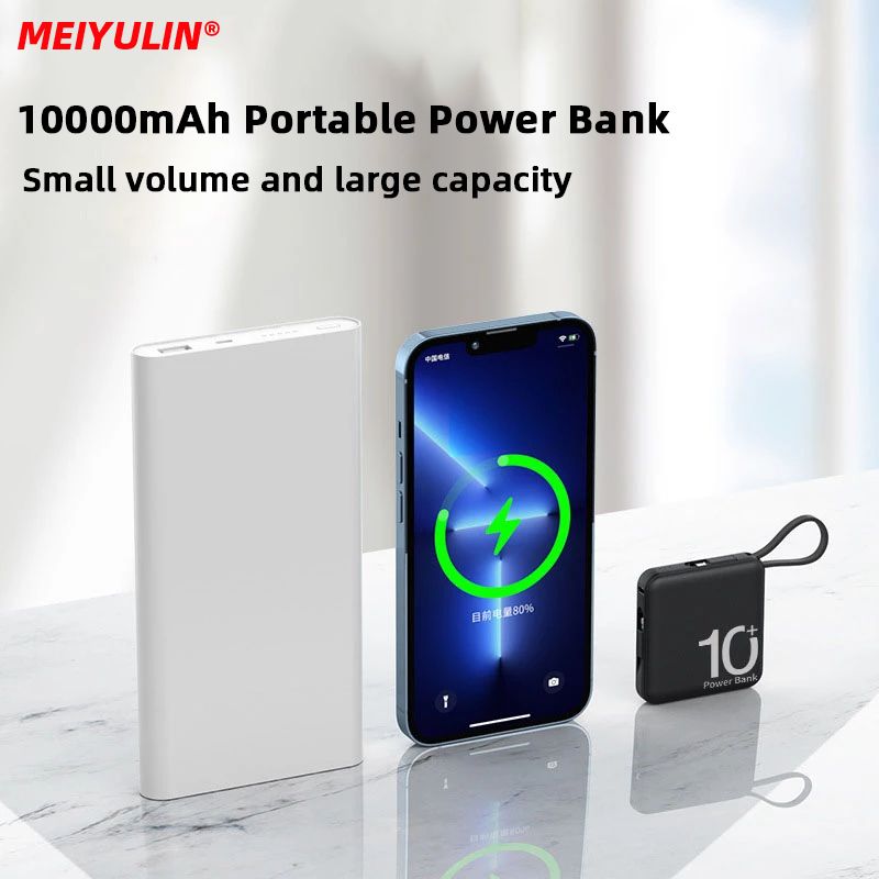 10000 Power Bank Large Capacity External Battery Built-in Type-C Cable 5000 MAh Portable Lanyard Powerbank For IPhone_voghion.com