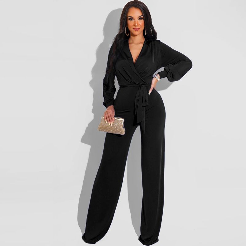 Tuta casual tinta unita con scollo a V e cintura annodata in vita, nuova da donna, autunno e inverno_voghion.com
