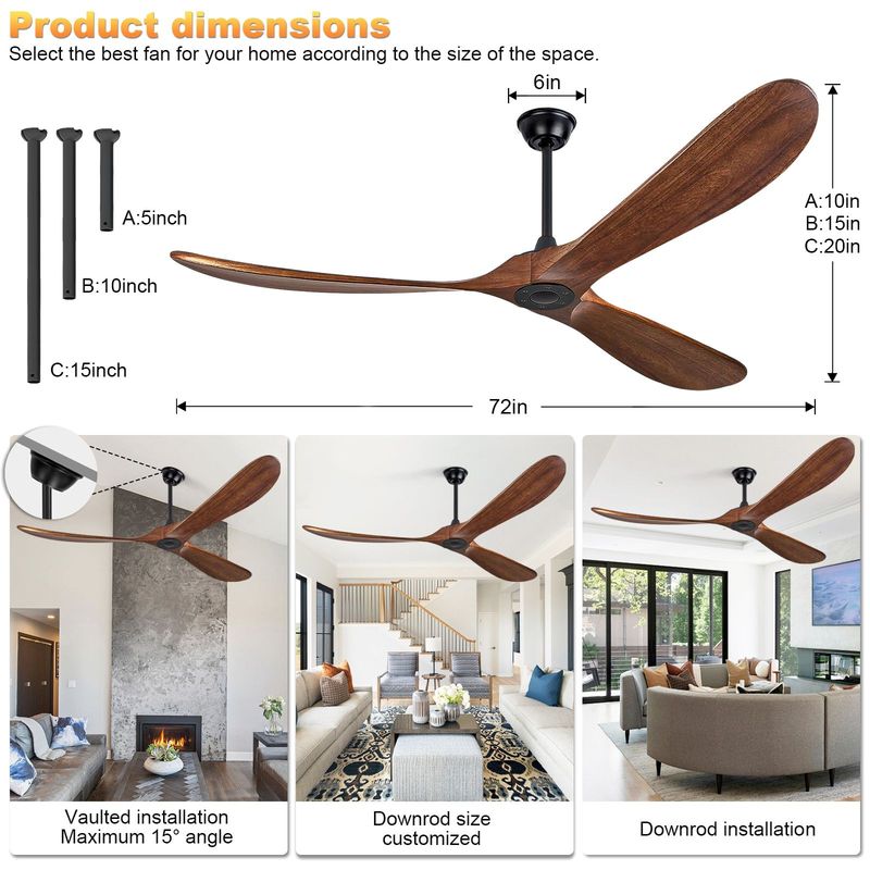 72 Inch Solid Wood Ceiling Fan No Light,PropellerOutdoor Ceiling Fans Without Lights With WallSwitch And Remote Control,Quiet DC Motor,3 BladesCeiling Fan For Patios,Living Room,Bedroom,Walnut Color_voghion.com