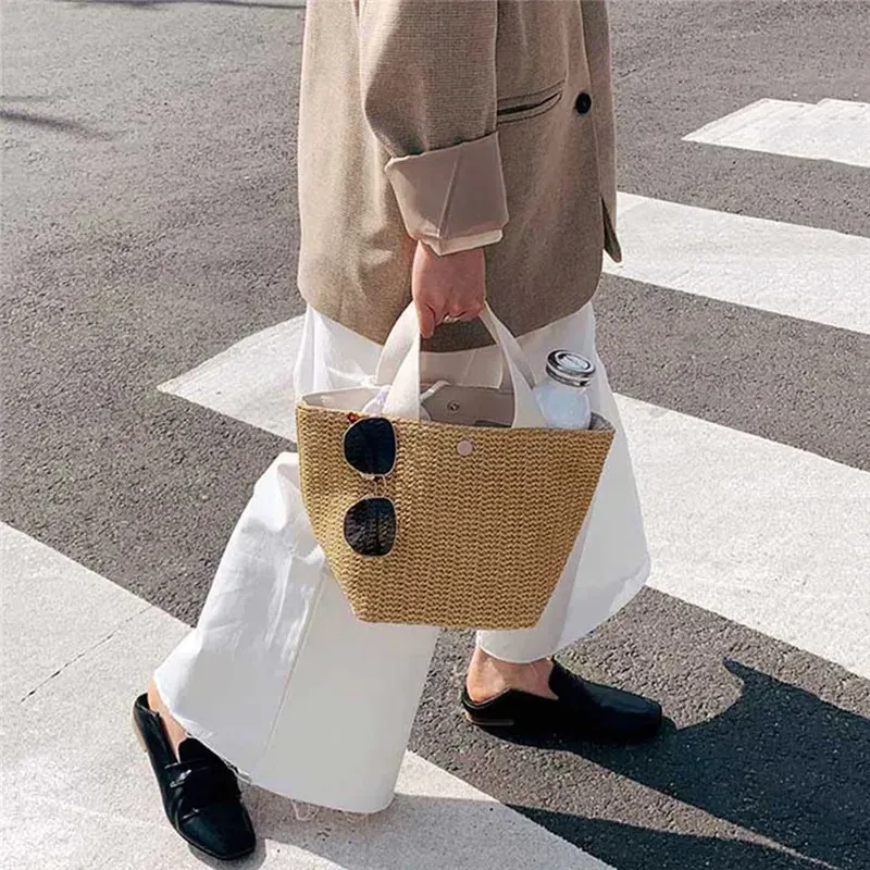 Borsa a tracolla da spiaggia in paglia da donna, stile bohémien, in rattan intrecciato, borsa a secchiello fatta a mano, borse a tracolla per 250314l_voghion.com