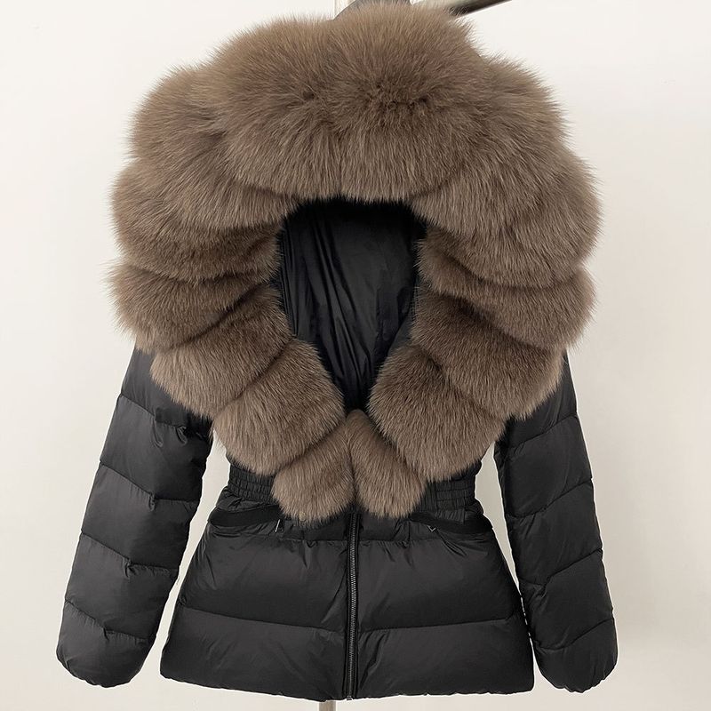 Nuovo stile caldo del commercio estero, giacca corta da donna con collo in vera pelliccia di volpe, giacca in piumino con vita sottile e spessa_voghion.com