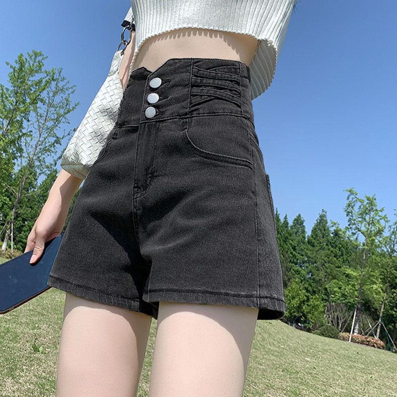 Pantaloncini in denim elasticizzati versatili a vita alta 2025 per donna, nuovi pantaloni corti snellenti a linea A con tre file di bottoni_voghion.com