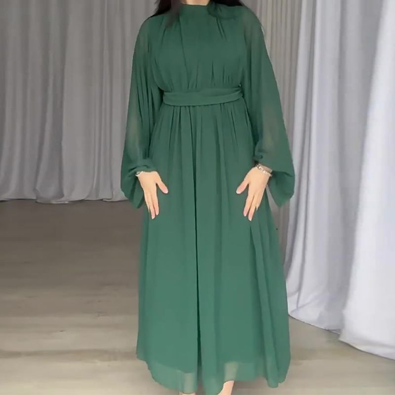 Damenbekleidung einfarbiges Chiffonkleid mit Rundhalsausschnitt und hoher Taille und plissiertem Design_voghion.com