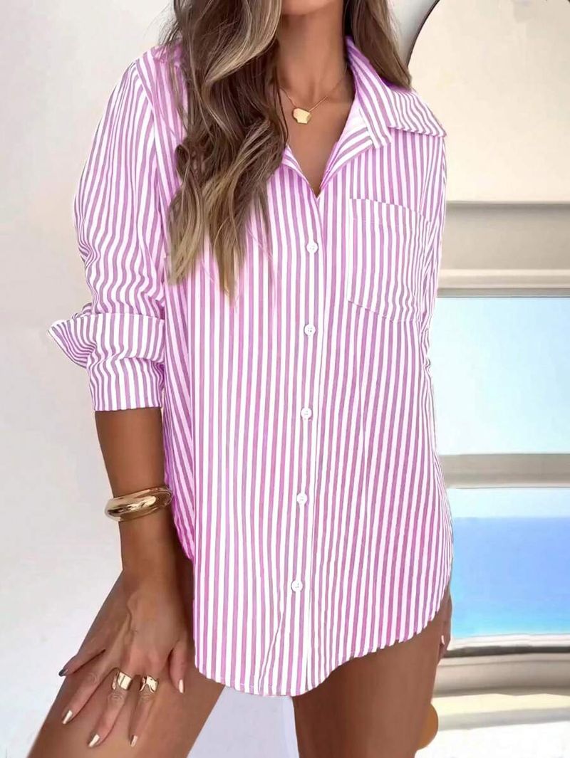 Damenbekleidung Frühling und Sommer Neues Revers Vertikal Gestreiftes Langarmhemd Button Shirt Top_voghion.com