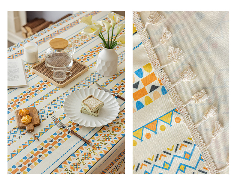 Bohemian tablecloth, cotton and linen, washable fabric, ethnic style, rectangular tassel dining, homestay tablecloth, waterproof and oil resistant_voghion.com