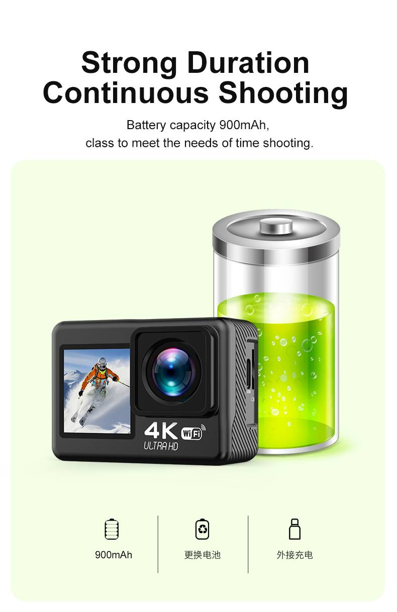 Caméra d'action extérieure haute définition 4K à double écran pour le cyclisme, la plongée, le camping et le selfie, livrée avec une carte mémoire de 64 Go._voghion.com