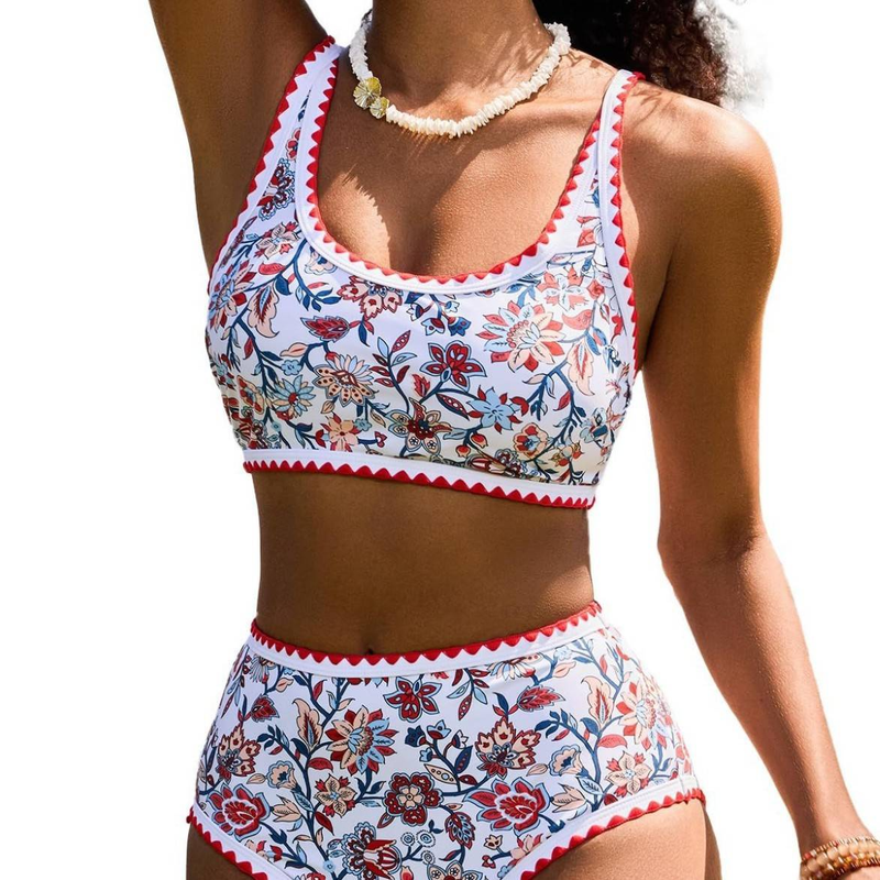 Conjunto de bikini de dos piezas con estampado floral para mujer, cintura alta, cuello redondo bajo_voghion.com