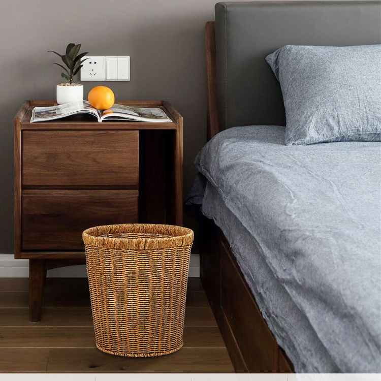 Rust Proof Iron Wire Reinforced Rattan Storage Basket Home Guest Room Trash Can Handmade Rattan Woven Basket Storage Basket_voghion.com