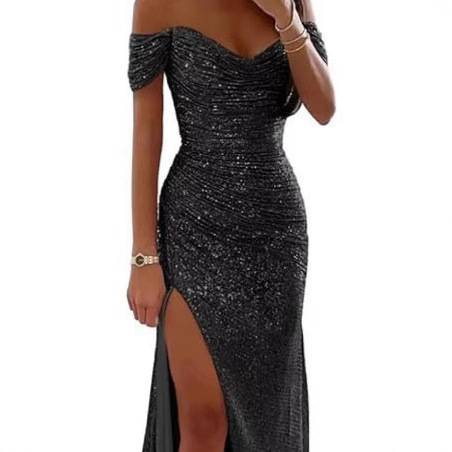 Vestido de noche de mujer nuevo con lentejuelas y un hombro al descubierto, vestido de noche sexy con abertura grande y escote en V_voghion.com