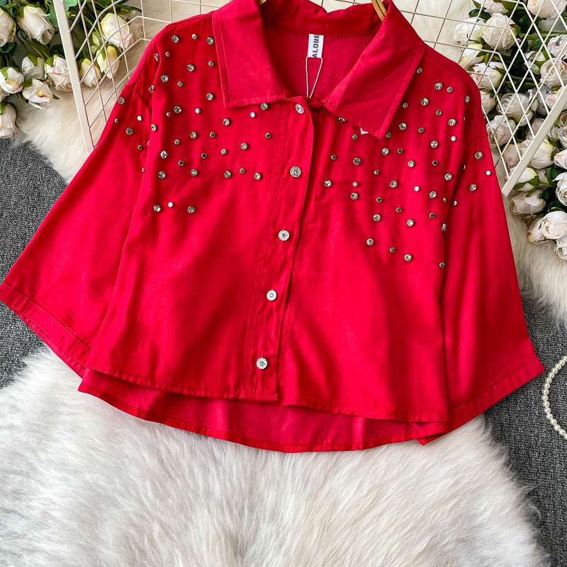 Luxe blouse met versieringen voor dames, statement revers, top met halflange mouwen, 8 levendige kleuren (zwart/groen/rood/meer) voor op kantoor en een avondje uit_voghion.com