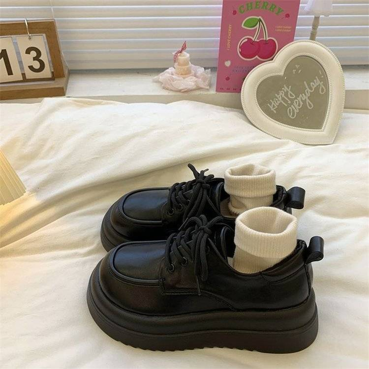 Women's Small Round-headed Leather Shoes With Thick-bottom Pine Cakes, 20 White British Style With Lace-up Japanese Style._voghion.com