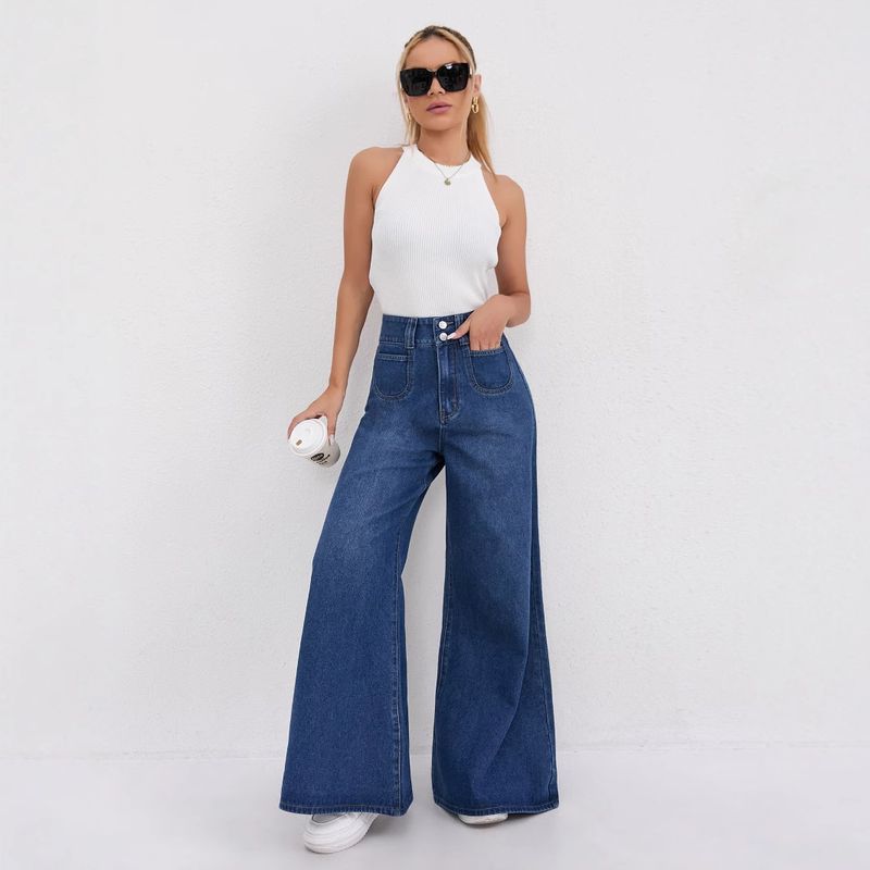 Women's High Waist Flared Jeans - Wide Leg Bootcut Denim Pants With Vintage Wash, Deep Blue_voghion.com