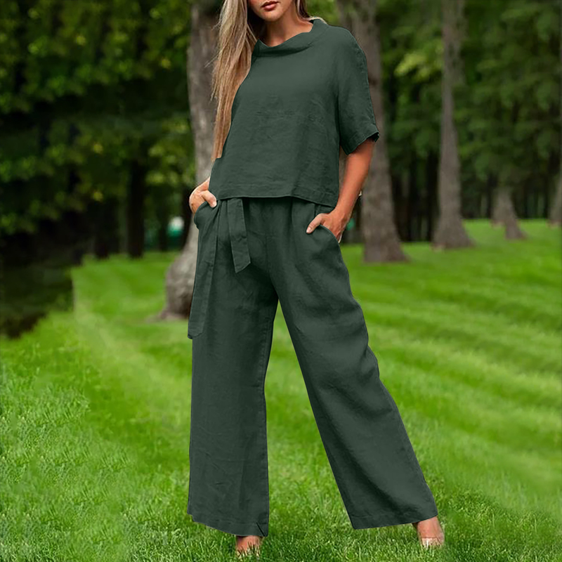 Fraen nei Summer Kuerzärmel Ronn Hals Plus Size Dammekleeder Casual Zwee-Stéck Kostümer fir Fraen_voghion.com