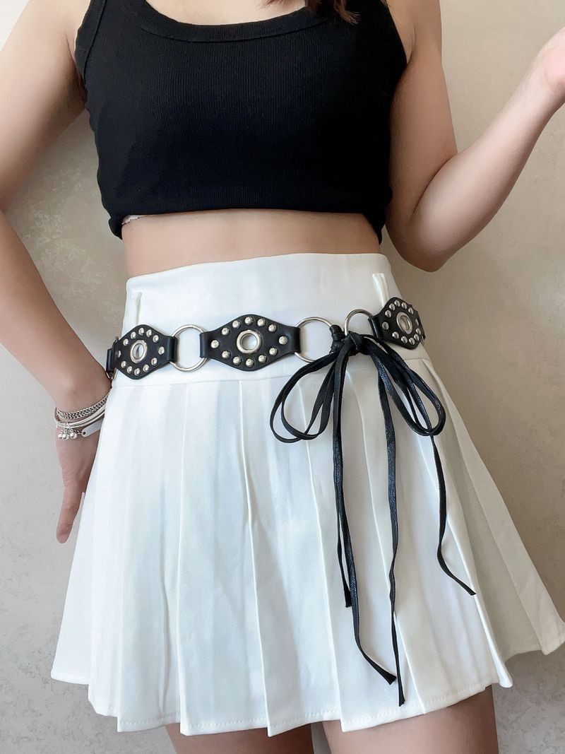 American Style Y2K Spicy Girl Round Ring Leather Patchwork Belt Black Rivet Metal Buckle Design Sense Tie Waist Rope_voghion.com