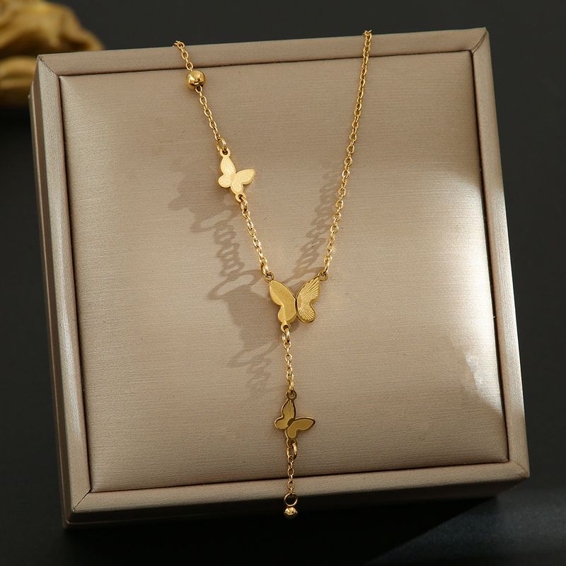 French Style Light Luxury Butterfly Tassel Titanium Steel Necklace For Women, Gentle And Versatile, High-end Gold Lock_voghion.com