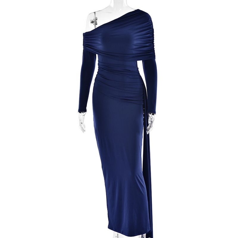 Elegante abito aderente a maniche lunghe con spalle scoperte, volant e vita alta – Abito da sera slim fit alla moda per donna_voghion.com