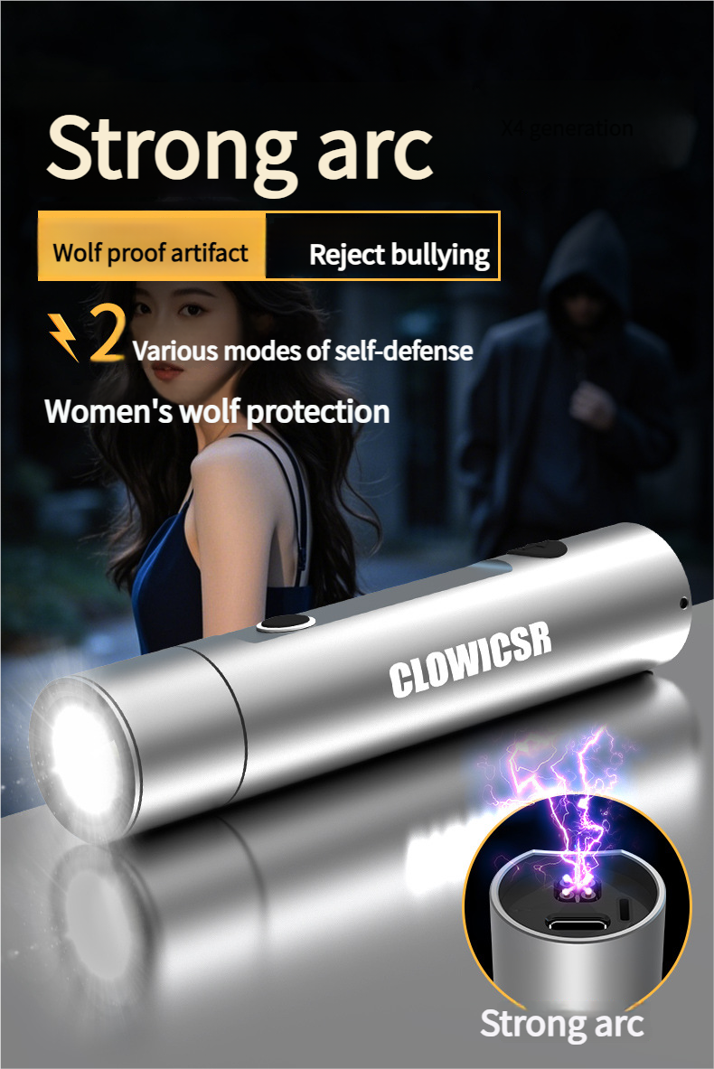 Arc Self-Defense Strong Light Strobe Telescopic Zoom Rechargeable Ignition Anti-Wolf Flashlight_voghion.com