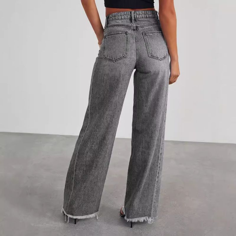 Jeans a gamba dritta e rilassati da donna - Pantaloni a gamba larga a vita alta con lavaggio classico per abbigliamento casual e da ufficio_voghion.com