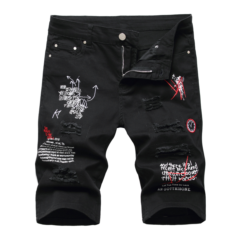 Man's clothing Light printed ripped embroidered denim shorts Men's slim stretch capri Hipster medium_voghion.com