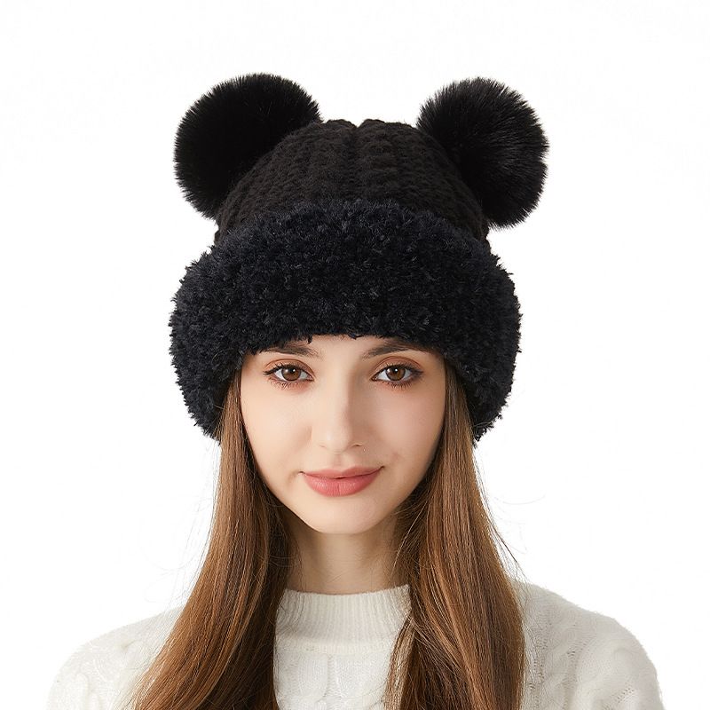 Cute Bear For Women Thickened Plush Warm Furry Beanie Autumn Winter Large Head Circumference Knitted Hat_voghion.com