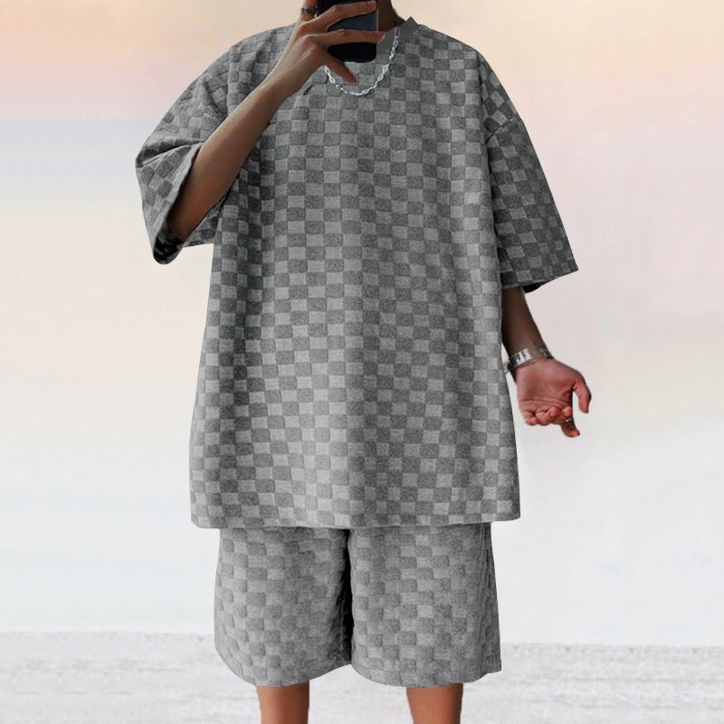 2025 American Oversize Trendy Men's Checkerboard Spring Summer Loose Sports Casual Two-Piece Set_voghion.com