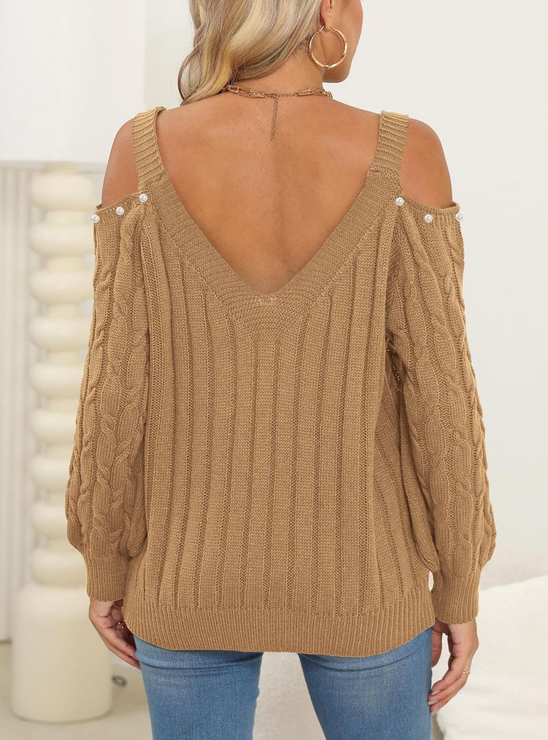 Maglione lavorato a maglia da donna, autunno inverno, con scollo a V profondo, sexy e largo, con spalle scoperte, 67201_voghion.com